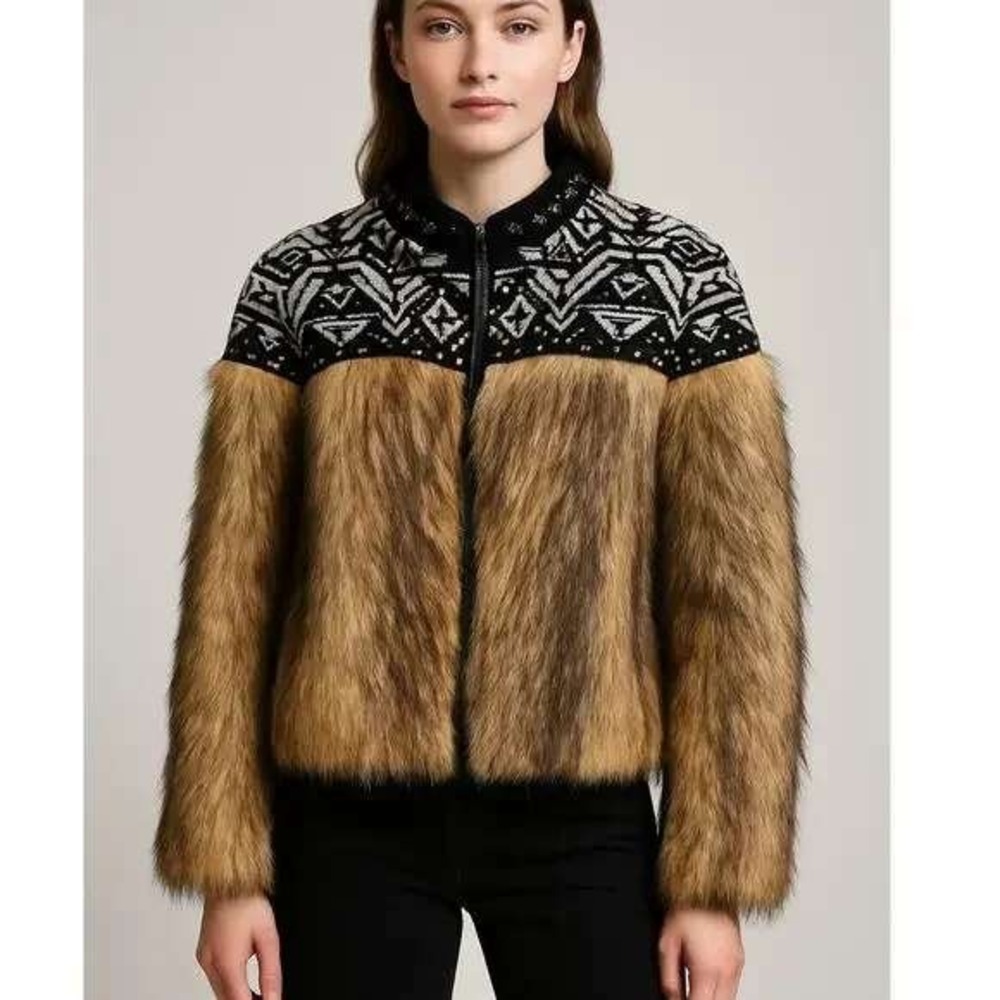NEW ALPHAMOMENT Faux Fur Jacket Embroidered Black White Gold Size Small/ 38